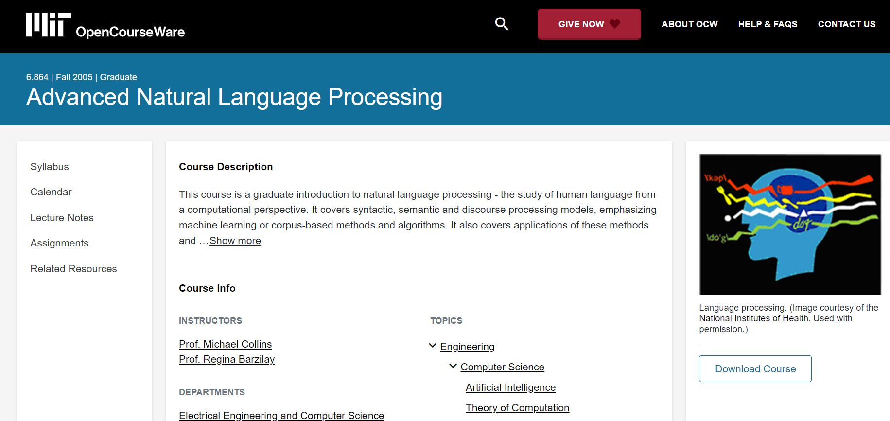 MIT OpenCourseWare: Advanced Natural Language Processing